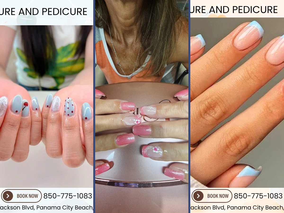 Nail technician shaping polished fingernails.