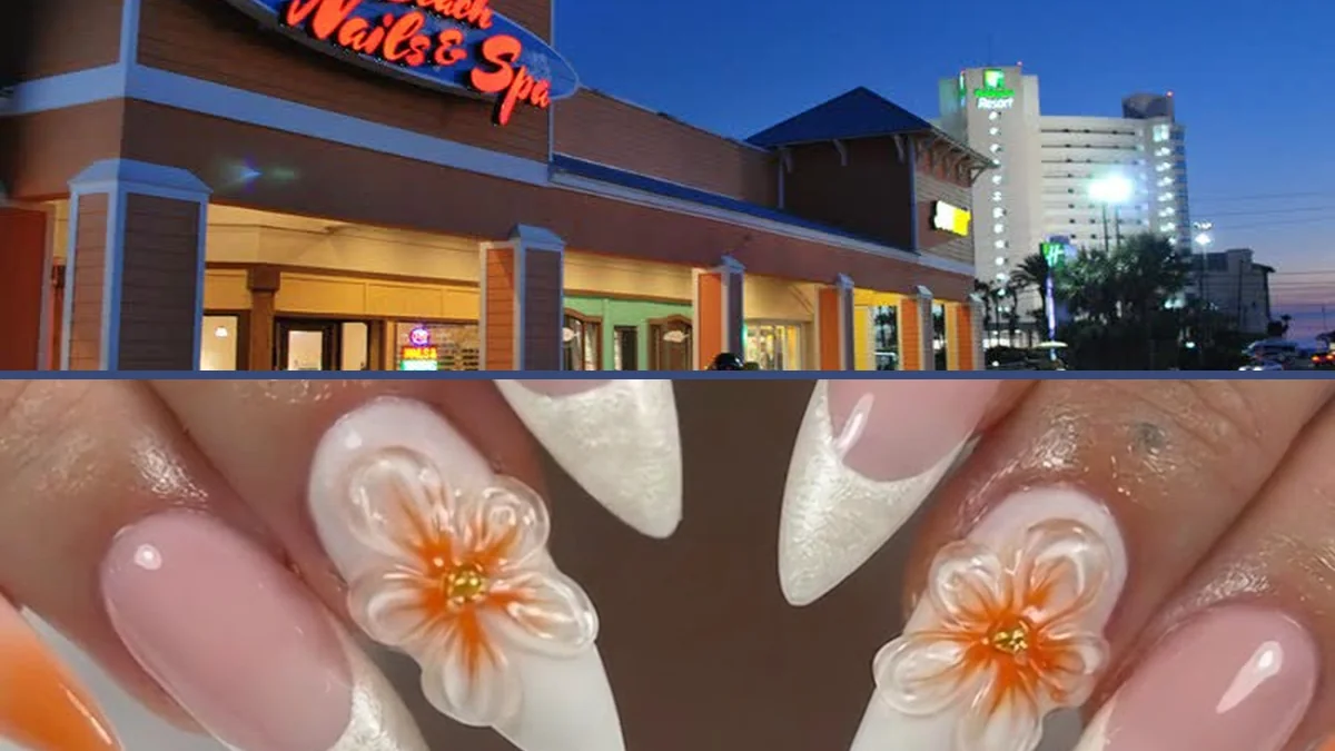 Artistic nail designs displayed on hands.
