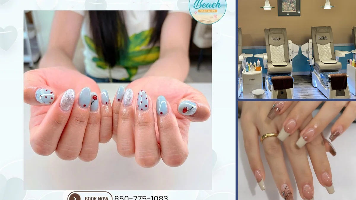 Nail technician shaping polished fingernails.